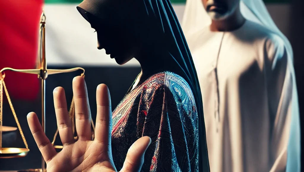 A woman in traditional Emirati clothing stands in a dimly lit room, with a raised hand in a defensive posture symbolizing domestic violence in the UAE. A scale of justice and the UAE flag are visible in the background, representing legal protection and hope.