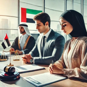 a formal legal scene in the UAE, focusing on divorce proceedings. In the center, a male and female are seated on opposite sides of a table in a modern office environment. They are engaged in reviewing legal documents, their expressions serious and contemplative. A lawyer, dressed in professional attire, stands beside the table, presenting official papers to both parties. The backdrop features Arabic legal documents and a UAE flag, reinforcing the cultural and legal context. The room is well-lit, symbolizing the transparency and professionalism involved in the legal process, offering a clear representation of the structured approach to divorce under UAE law.