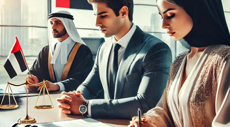 a formal legal scene in the UAE, focusing on divorce proceedings. In the center, a male and female are seated on opposite sides of a table in a modern office environment. They are engaged in reviewing legal documents, their expressions serious and contemplative. A lawyer, dressed in professional attire, stands beside the table, presenting official papers to both parties. The backdrop features Arabic legal documents and a UAE flag, reinforcing the cultural and legal context. The room is well-lit, symbolizing the transparency and professionalism involved in the legal process, offering a clear representation of the structured approach to divorce under UAE law.